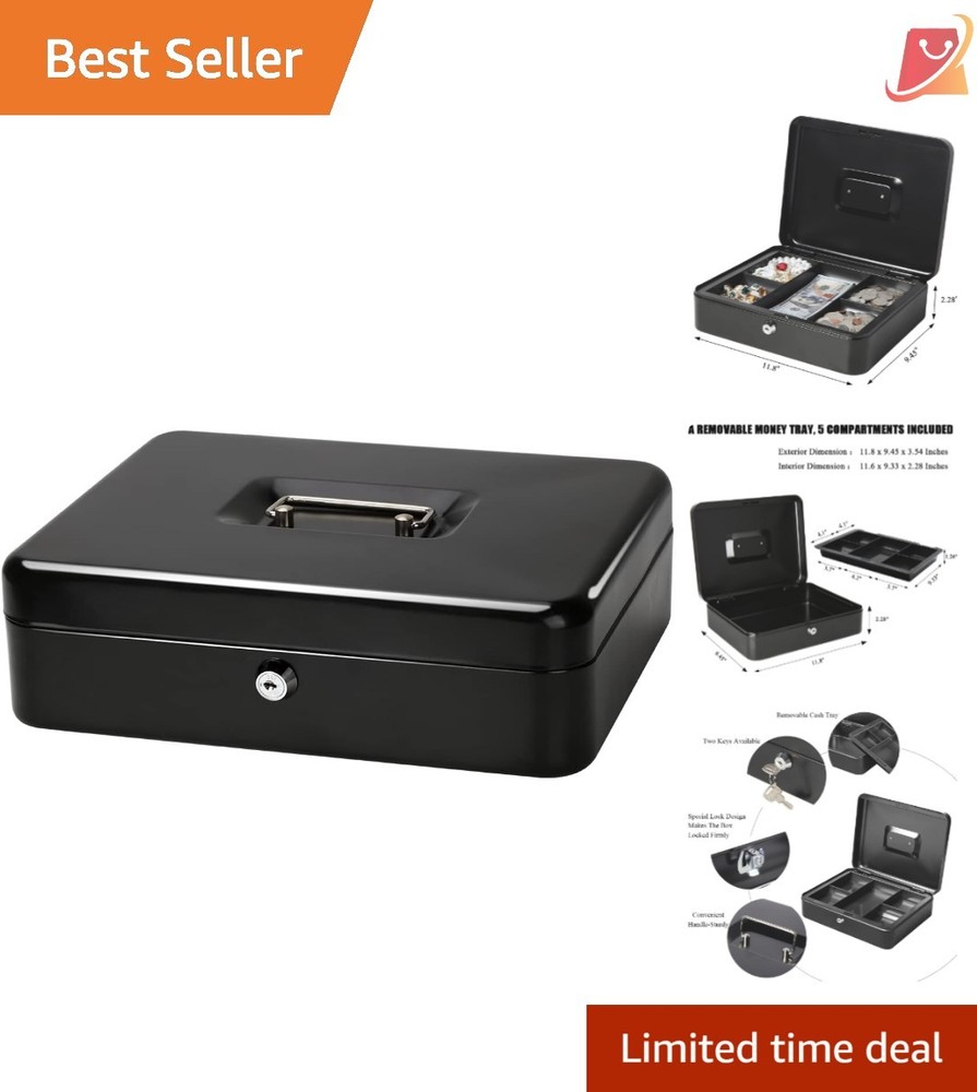 Large Metal Cash Box with Key Lock 11.81 x 9.84 x 3.46 in X-Large Durable Steel