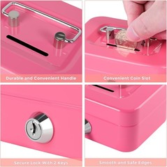Durable Pink Mini Cash Box with Coin Slot and Key Security – Portable 4.5″x3.4″