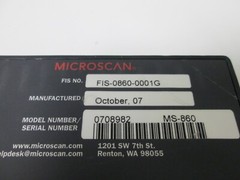 Microscan FIS-0860-0001G Barcode Scanner, Supply Power: 10-28VDC 5W Max