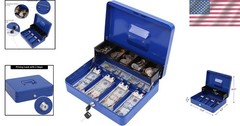 Blue Metal Cash Box with Key Lock & Tiered Tray