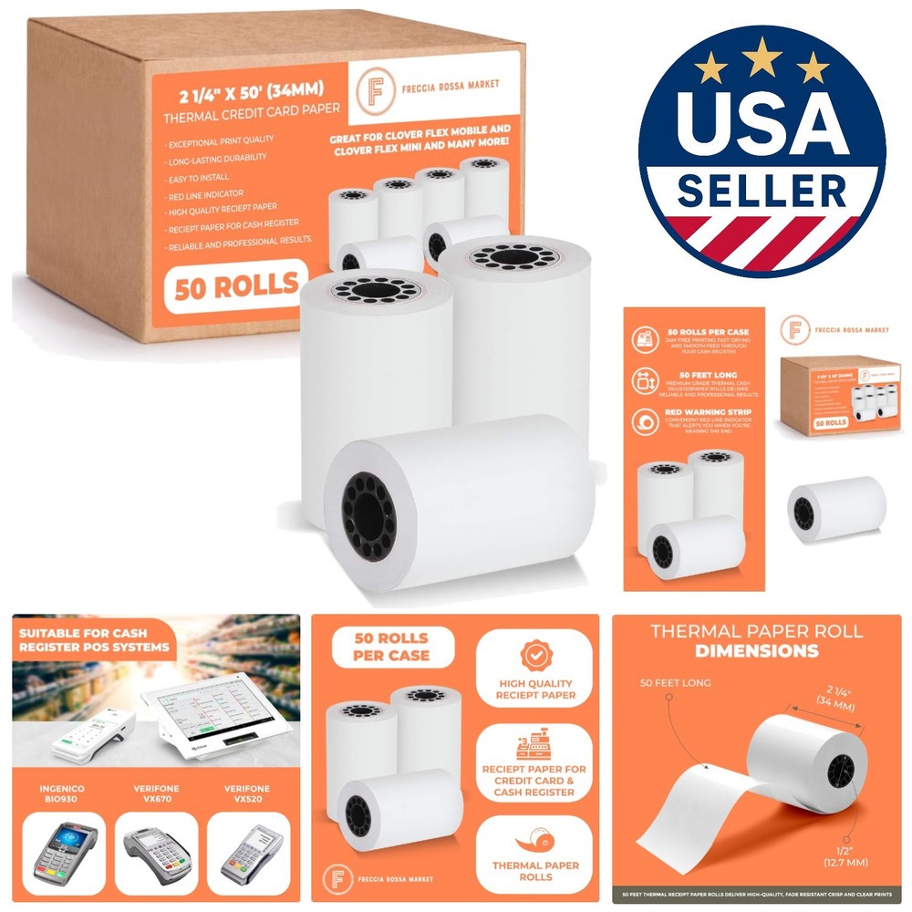 High Brightness 50 Count Thermal Paper Rolls 2 1/4″ x 50′ for Credit Cards