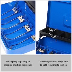Locking Cash Box with Money Tray Blue Metal Key Lock Security Cable 11.8×9.5×3.5