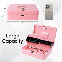 Cash Box Money Tray Key Push Button Lock Safe XL 11.8×9.45×3.54 Inch Pink