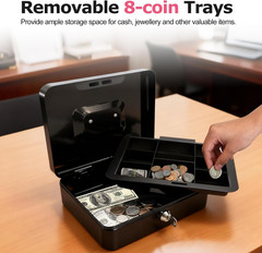 10″ Cash Box with Money Tray, Black, Large | Metal Money Safe Lock Box, Key Lock