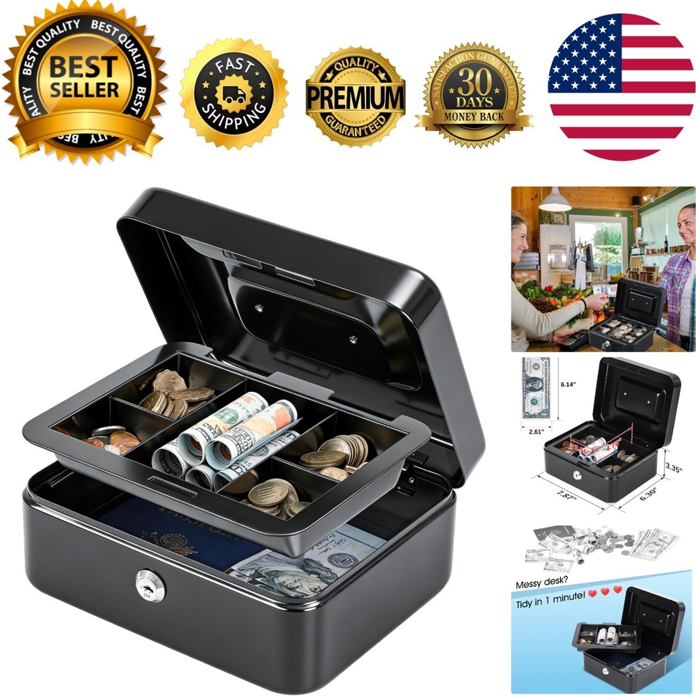 Medium Cash Box with Removable Money Tray, Key Lock Metal Storage Box with 2 …