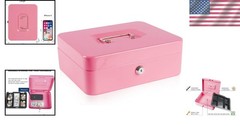 Elegant Pink Large Metal Cash Box with Double Storage & Key Lock – 9.84″x7.87″