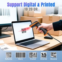 USB 1D 2D QR Barcode Scanner Wired, Dustproof Waterproof, Fast Scan for