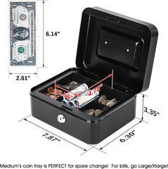 Medium Cash Box with Removable Money Tray, Key Lock Metal Storage Box with 2 Key