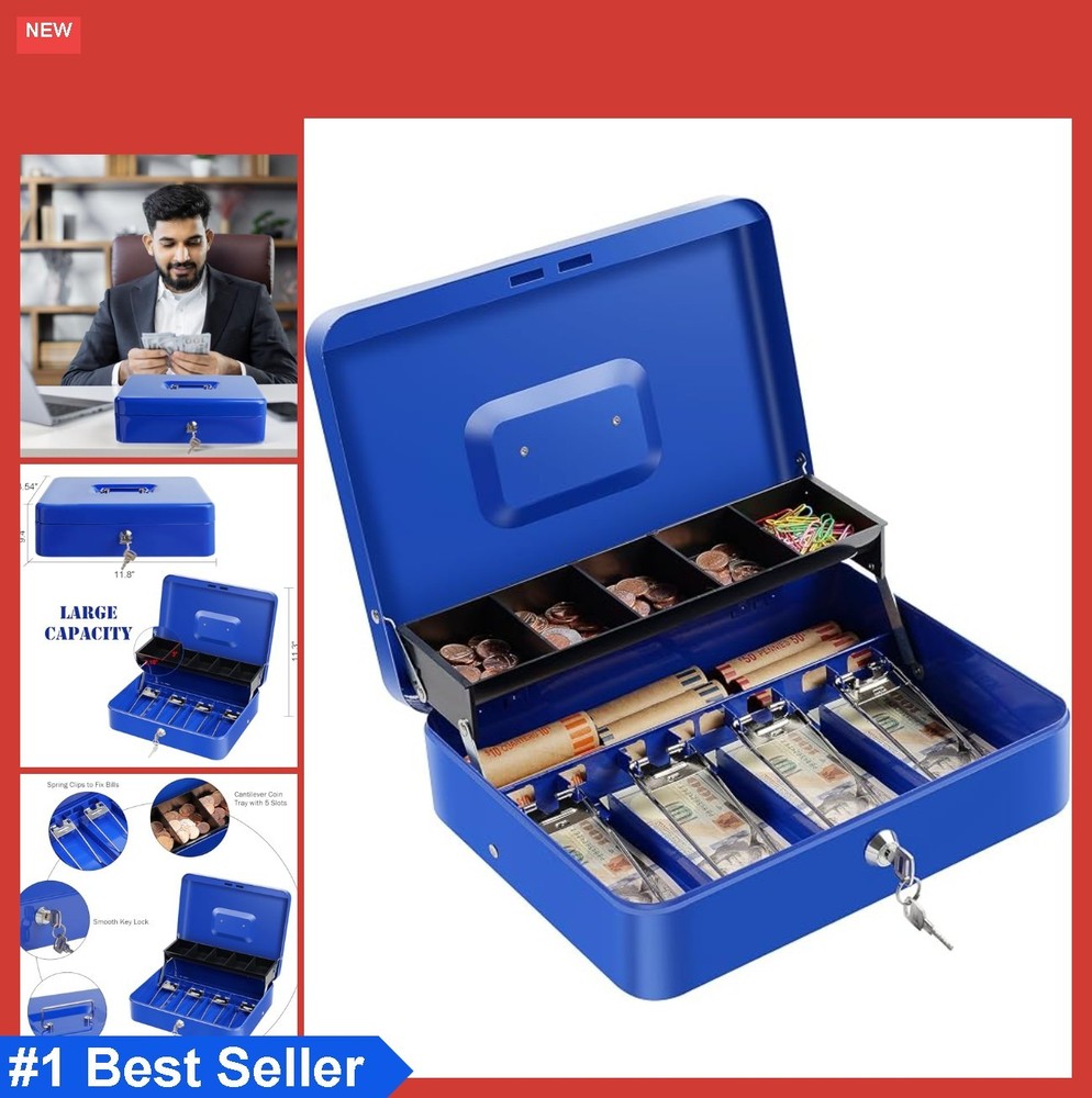 Cash Box with Lock Key Money Tray 11.8×9.4×3.54 Inch Metal Lockbox Blue for Cash