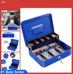 Cash Box with Lock Key Money Tray 11.8×9.4×3.54 Inch Metal Lockbox Blue for Cash