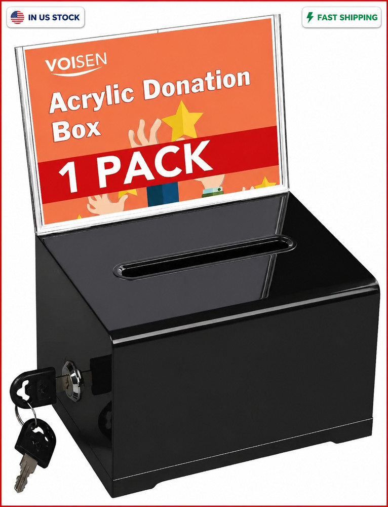 VOISEN Acrylic Donation Box with Lock Black Tip Jar Sign Holder 6.2×4.6×3.9″