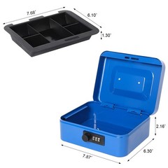 Blue Small Cash Box Combination Lock Metal Money Tray 7.87×6.3×3.54 Inch