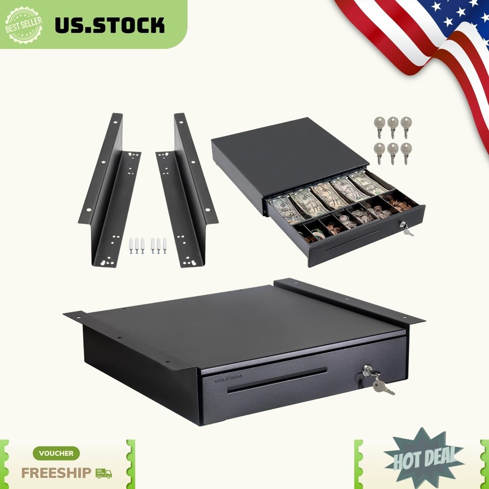 16in Cash Register Drawer POS Metal Under Counter Mount 5 Bill 6 Coin Black Lock