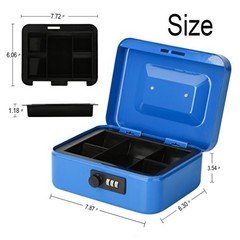 Locking Steel Cash Box 7.85 Inch Blue with Removable Tray Combination Lock
