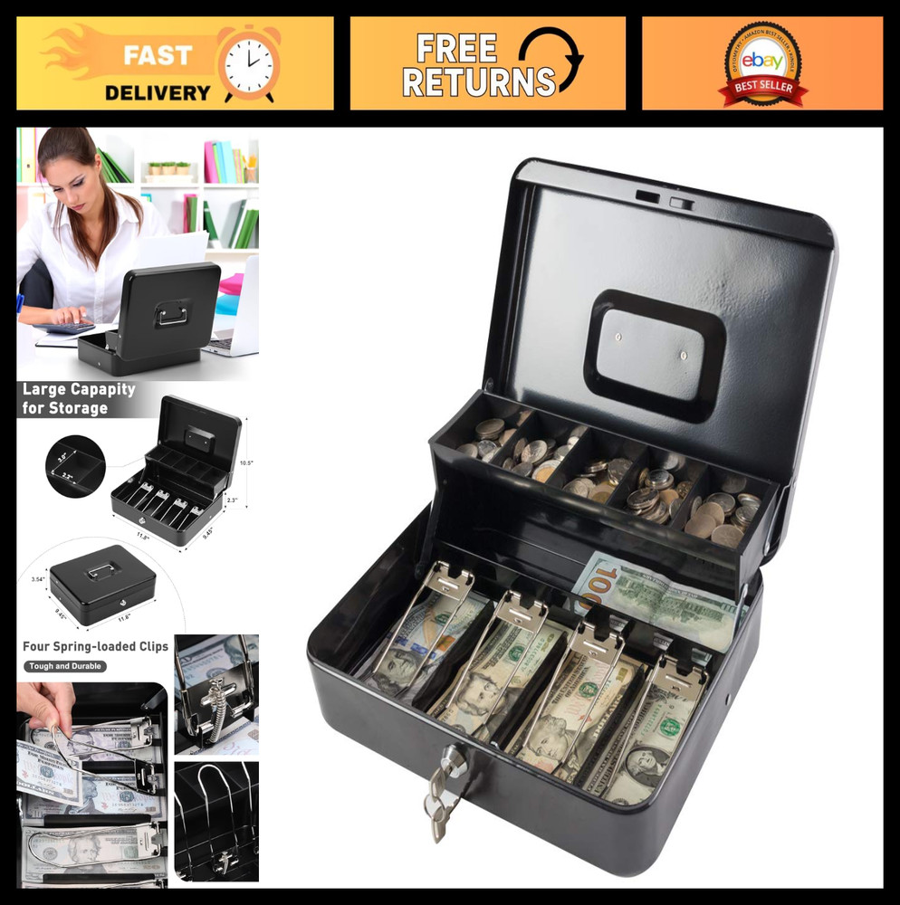 Locking Cash Organizer Box with Key, Money Safe with Cash Tray, XL Size, Black