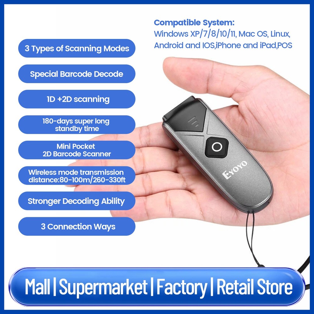 Wireless/Bluetooth/USB Wired QR Code Scanner UPC EAN Inventory Barcode Scanner