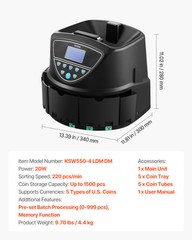 USD Coin Sorter with Screen Display Holds up to 2000 Coins 5 Coin Tubes