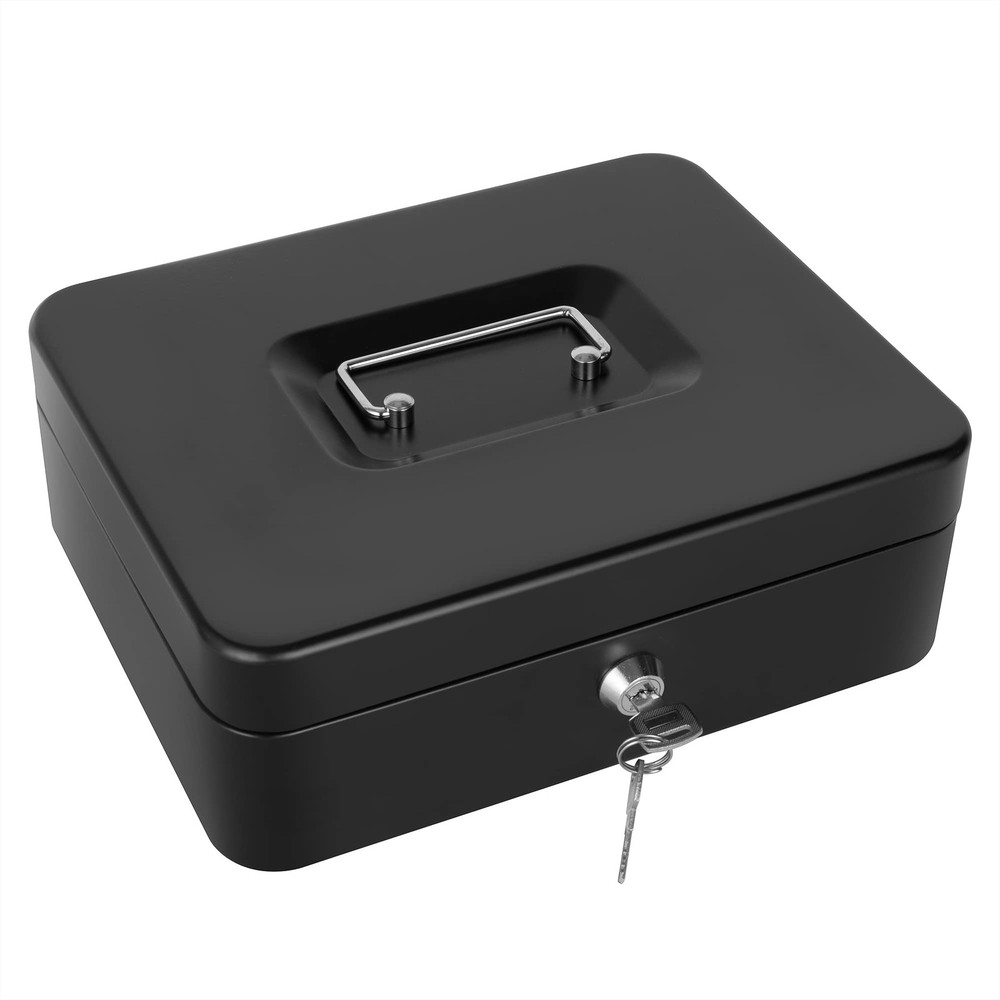 Cash Box with Lock and Money Tray Metal Large ys/m, Black-Large