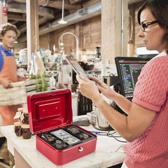 Stylish Red Medium Cash Lockbox with Key & Multiple Compartments for Organizing