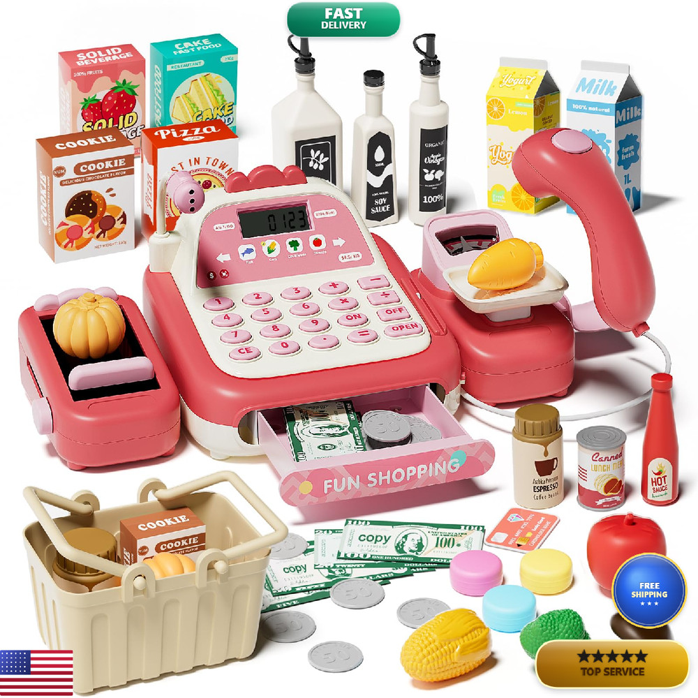 Stactcute 49Pcs Cash Register Toy Set For Kids Pretend Play Grocery Store