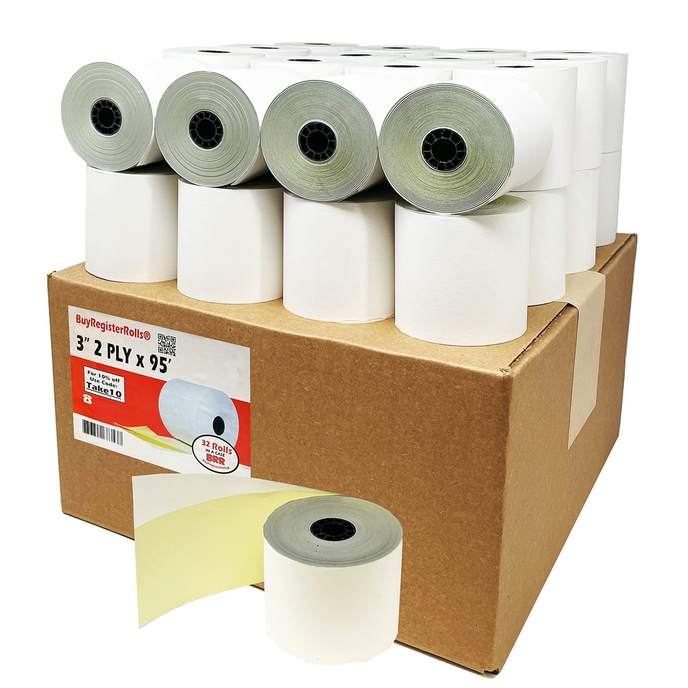 32 Rolls 2 Ply Carbonless Rolls 3″ X 95 Feet White/Yellow Receipt Paper POS C…