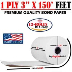 3 x 150 feet 1-Ply Bond Receipt POS Cash Register Kitchen Paper – 100 Rolls