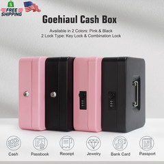 Pink Cash Box with Money Tray and Lock, Metal Money Box for Cash, Lock Box for M
