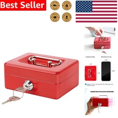 Compact Red Metal Cash Box with Key Lock – Safe Piggy Bank for Coins & Valuables