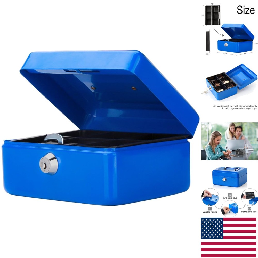 Lightweight Blue Money Box with Key Lock for Safe Valuables – 5.9” Portable Use