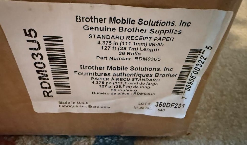 Brother Genuine Receipt Paper Rolls – 36 Roll Case