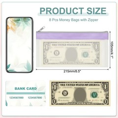 8.5×4 Inch Money Bags with Zipper, 8Pcs Clear Cash Pouch, Purple