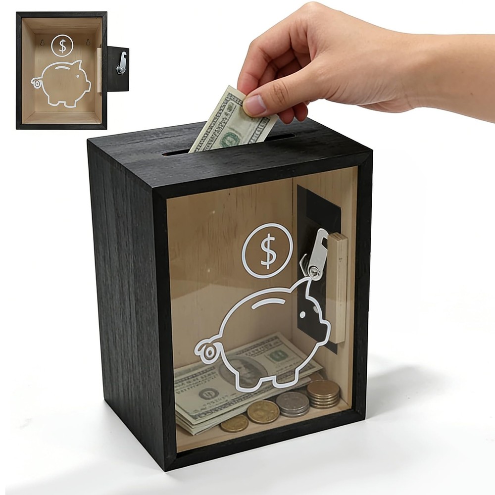 Clear Piggy Bank for Adults, Openable Money Saving with Lock, Wooden Money Co…