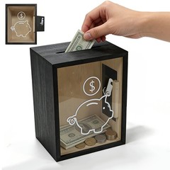 Clear Piggy Bank for Adults, Openable Money Saving with Lock, Wooden Money Co…
