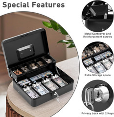 Cash Box with Key Lock–0.7Mm Thick Metal Money Box for Flea Market Vendors, Craf