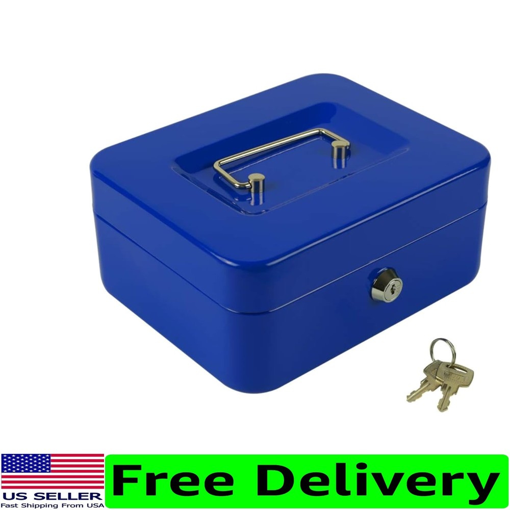 Multi-Compartment Cash Box with Key Lock – Elegant Blue Design, 7.87″ x 6.30″