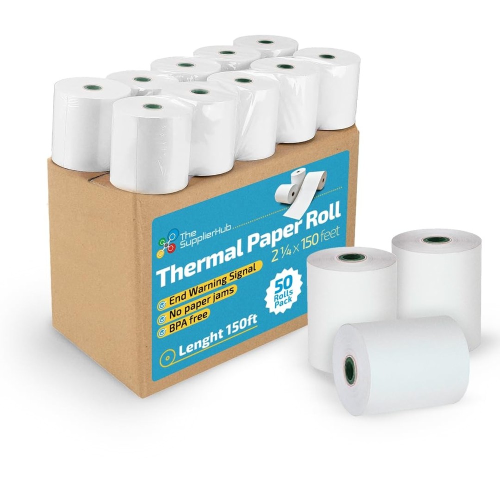 (50 Rolls) Thermal Receipt – 2 1/4″ x 150ft Long – White, Smooth, Biodegradable