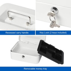 White Small Metal Cash Money Box Tray Lock Safe Storage 7.87×6.3×3.54 Inch