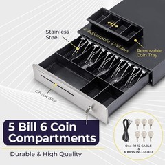 Durable Black Cash Register Drawer, 16″, Stainless Front, 5 Bill/6 Coin