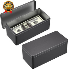 2 Packs Black Metal Cash Box Rectangular Money Organizer with Lid Currency Stora