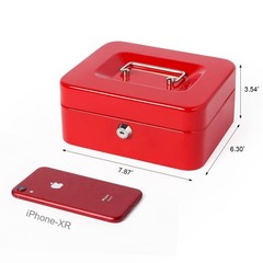 Small Metal Cash Box Money Tray Key Lock 7.87×6.3×3.54 Inch Safe Lockbox Red