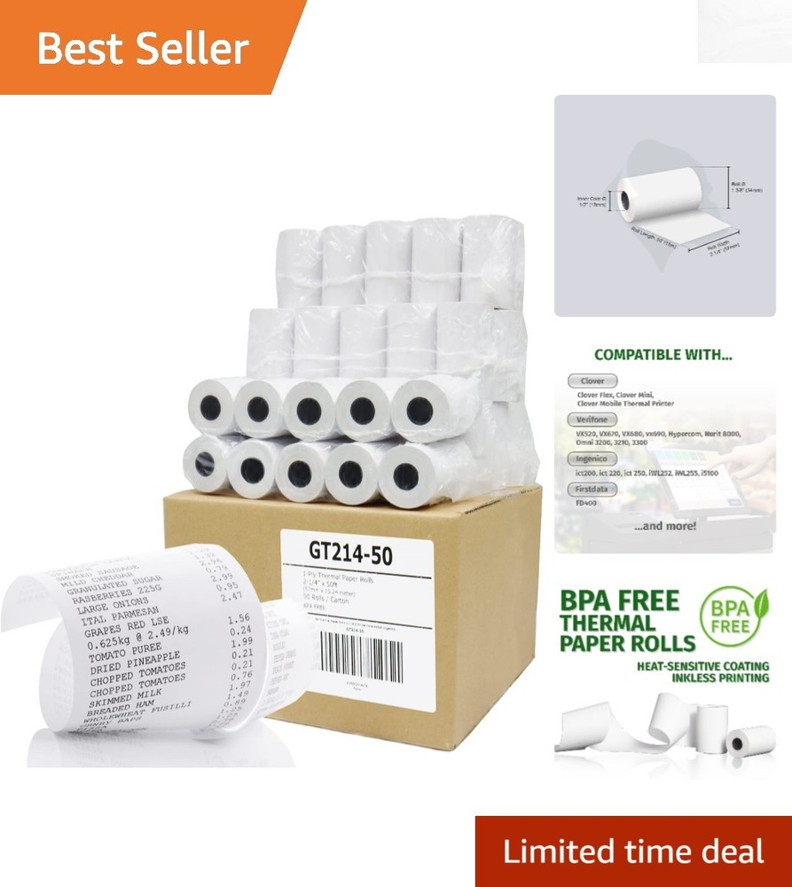 Clear Print 2-1/4″ x 50′ BPA Free Thermal Paper Rolls – 50 Count, Shrink-Wrapped
