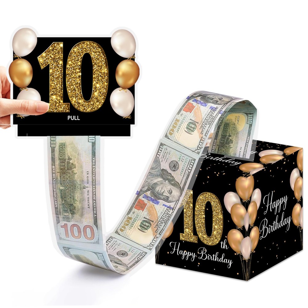 Black Gold 10th Happy Birthday Surprise Pull Out Money Box Cash Gift Set