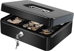 Large Portable Cash Box with Removable Money Tray & Key Lock – Black Alloy Steel