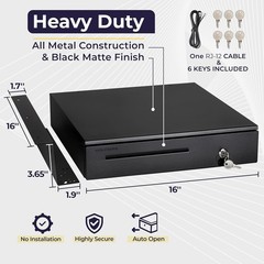 16in Cash Register Drawer POS Metal Under Counter Mount 5 Bill 6 Coin Black Lock