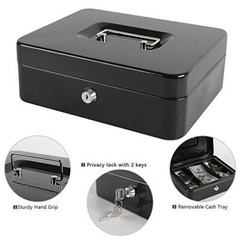 Locking Steel Large Cash Box with Removable Coin Tray and Key Lock9.84″x 7.87…