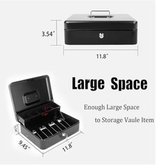 Large Lockable Cash Box with Money Tray & Key, Black, 11.8×9.45×3.54