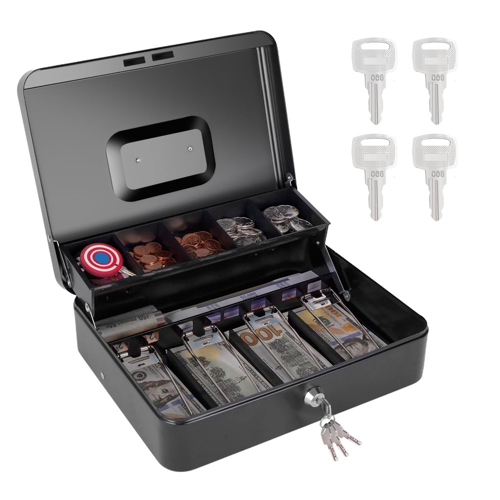 XL Large Cash Box With Money Tray Key Lock 11.8×9.45×3.54 In Black Metal