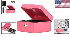 Small Pink Metal Cash Box with Key Lock – Portable Money Organizer for Home
