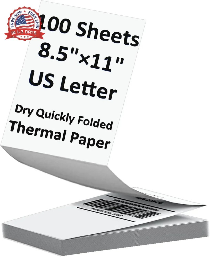 100 Sheets US Letter Size Thermal Paper, 8.5 x 11 Inch Thermal Printer Paper for