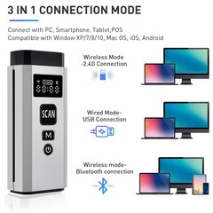 2D Bluetooth Barcode Scanner 1D Portable Wireless Reader TFT Screen 3In1